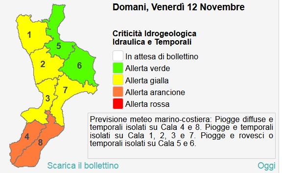 Allerta Meteo Arancione domani 12 novembre nella provincia di Reggio Calabria